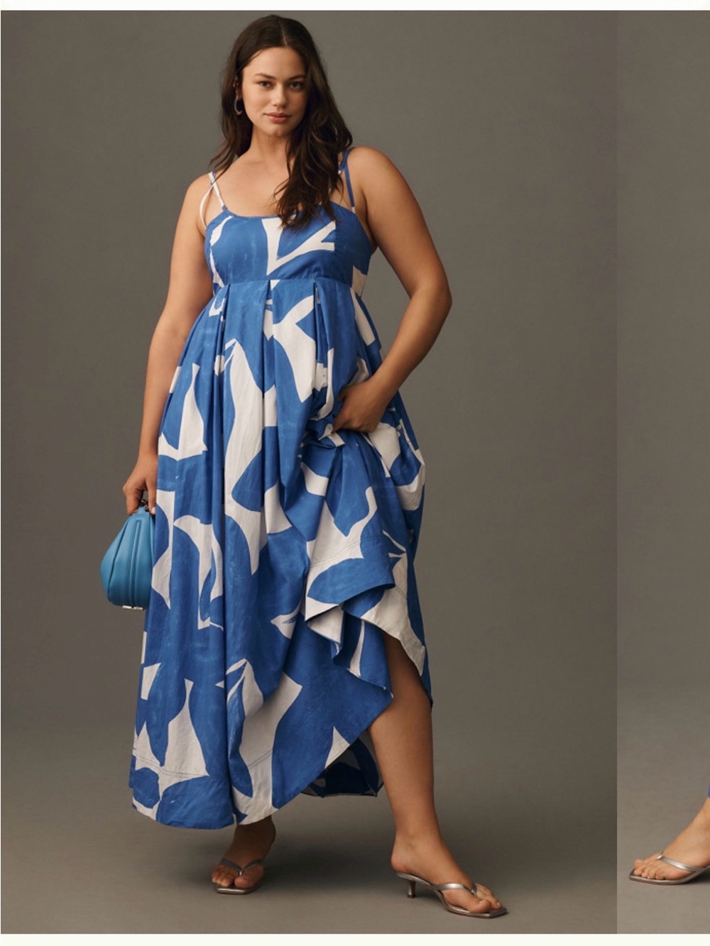Anthropologie Blue & White High-Low Printed Spaghetti-Strap Dress